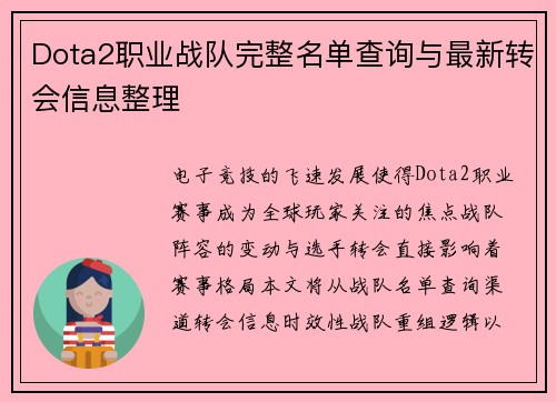 Dota2职业战队完整名单查询与最新转会信息整理